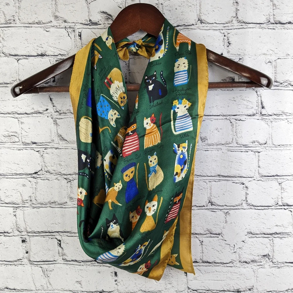 Whimsical assorted cats on silky green polyester with gold trim scarf, head wrap - Picture 13 of 15